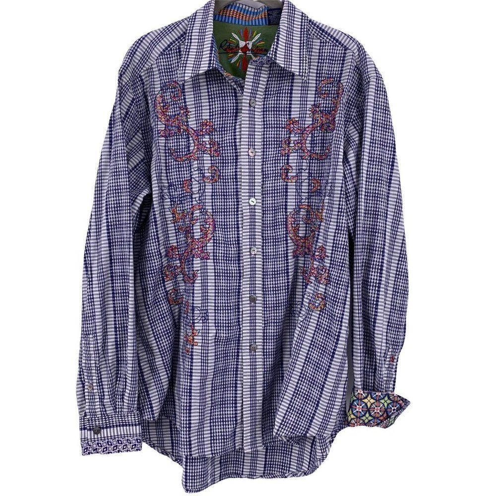 Robert Graham Navy/White Plaid Embroidered Long Sleeve Button Down Men's Large